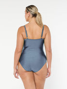 model showing back of shiny grey women's one piece