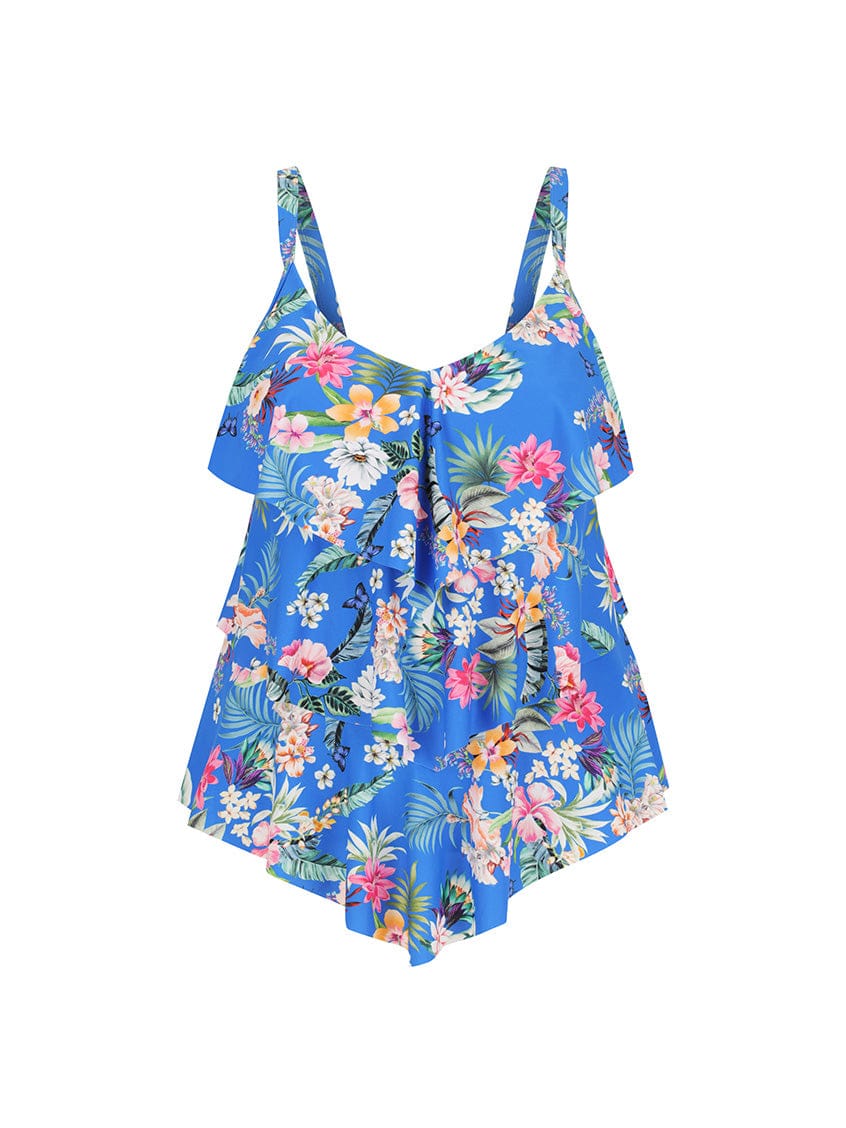 Ghost mannequin of 3 tiered tankini top in blue floral print