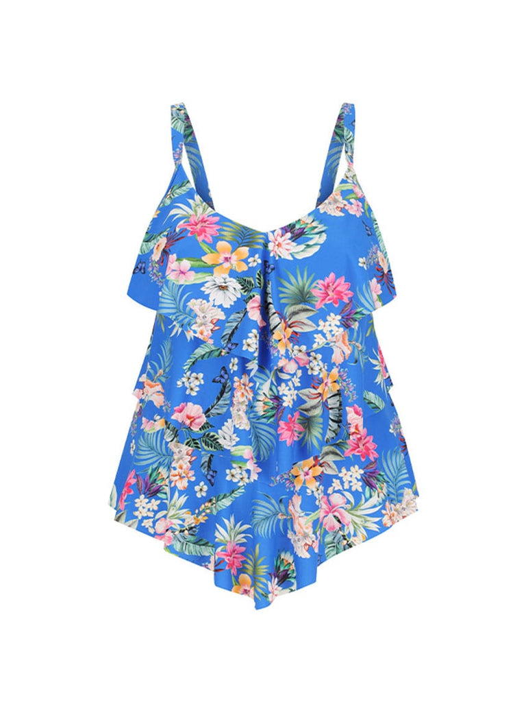 Ghost mannequin of 3 tiered tankini top in blue floral print