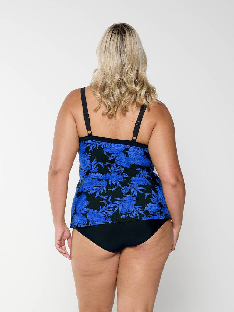 model showing back of blue and black floral underwire tankini with adjustable straps