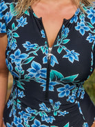 Womens full coverage quarter zip front one piece with flutter sleeves