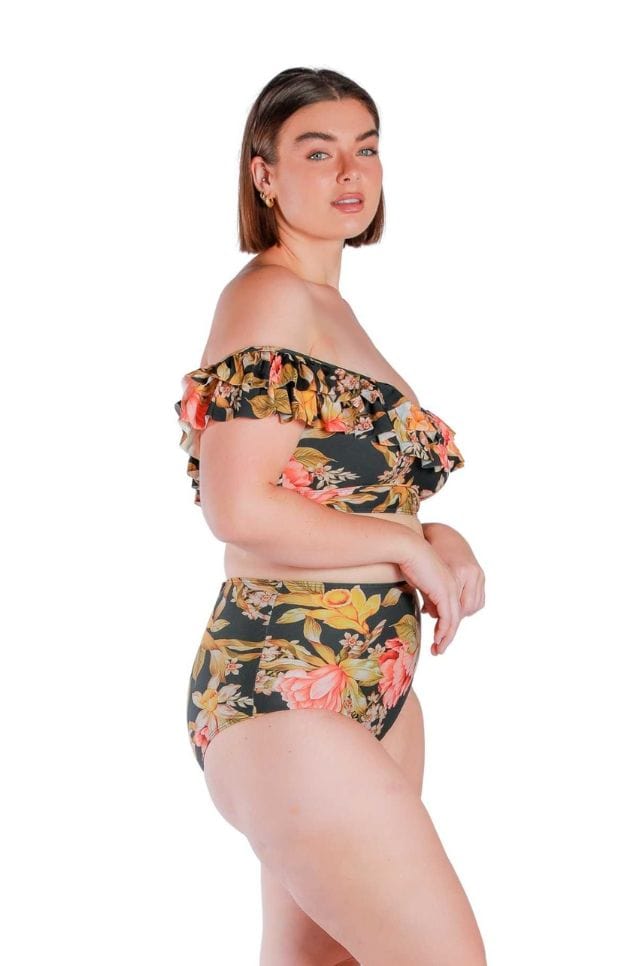 side profile of model wearing orange and yellow floral and black printed double frill bikini top