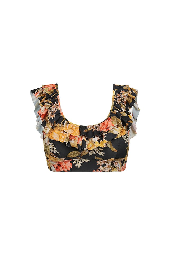 Ghost mannequin orange and yellow floral and black printed double frill bikini top