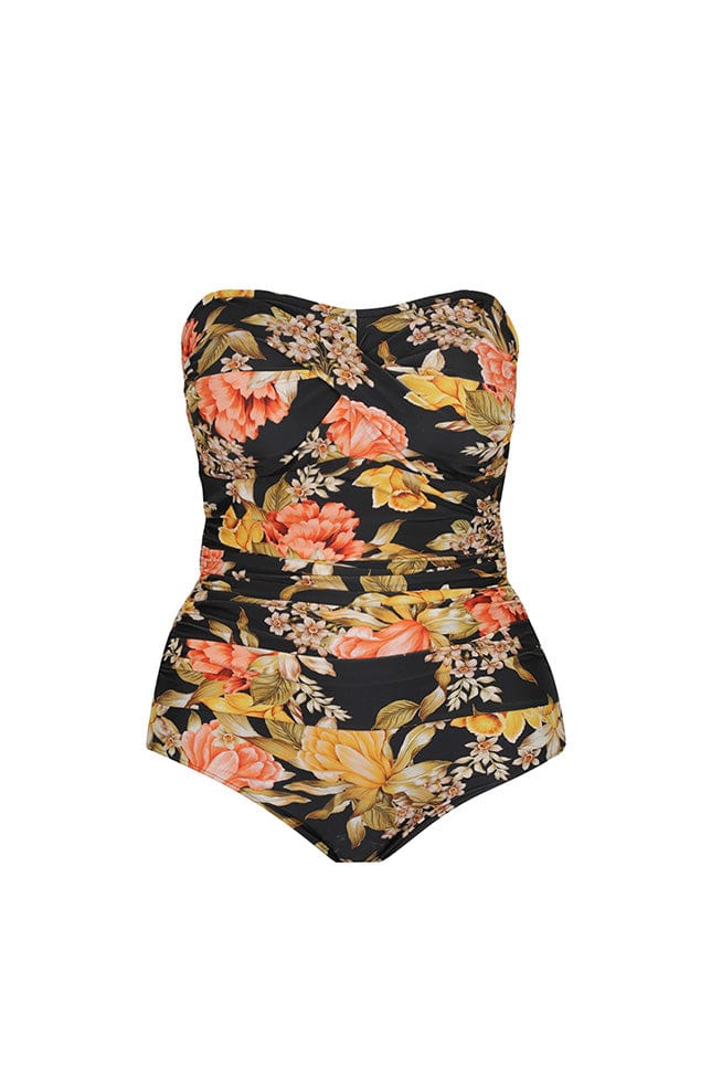Ghost mannequin orange and yellow floral and black printed twist front strapless bandeau one piece 