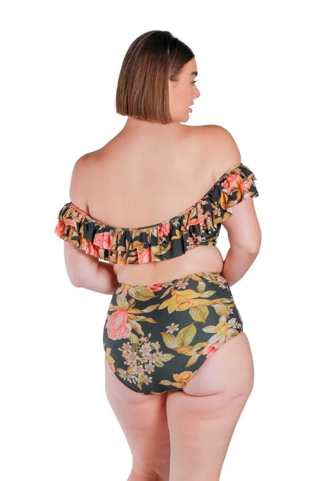 Back of model wearing off the shoulder frill bikini top with black base and orange and red floral tones