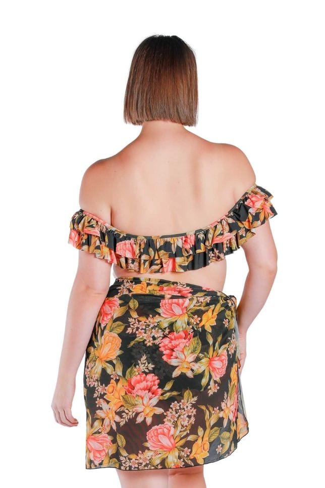back profile of model wearing black floral mesh skirt