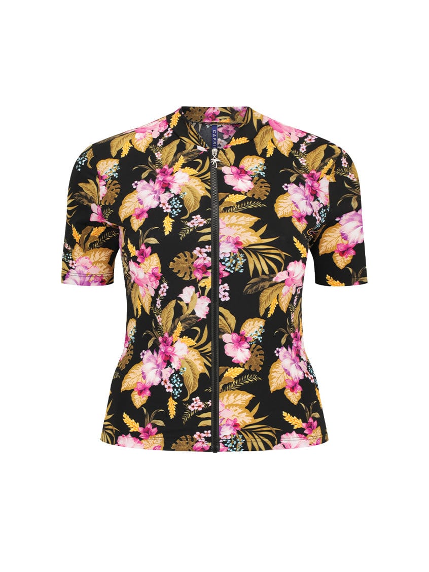 Ghost mannequin of short sleeve short vest in chlorine resistant tropical floral print