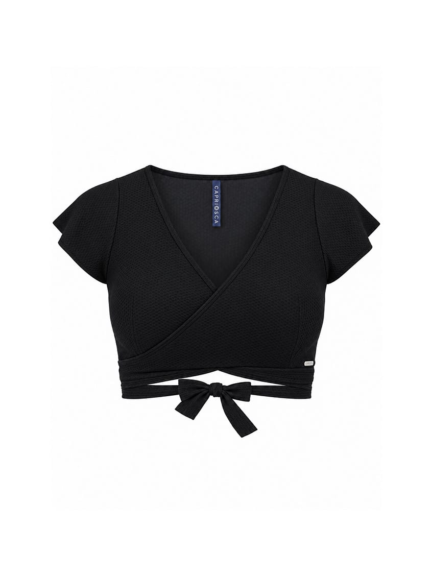 A black textured knit wrap-style crop top with short flutter sleeves and a front tie detail, shown flat on a white background.