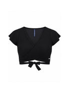 A black textured knit wrap-style crop top with short flutter sleeves and a front tie detail, shown flat on a white background.