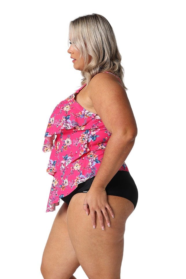Model showing side of pink floral ruffle tankini top