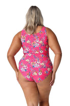 Model showing back of hot pink floral sleeveless swimsuit