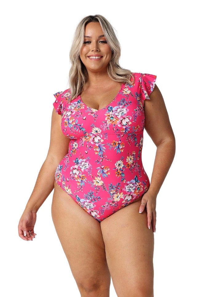 Model wearing hot pink floral v neck swimsuit