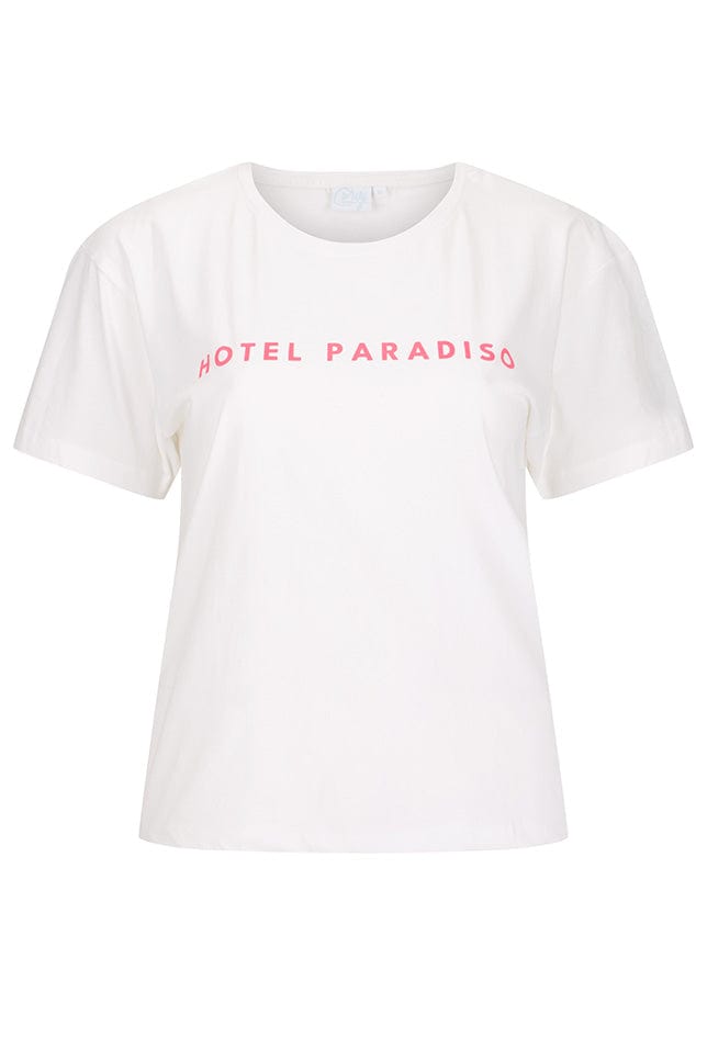 ghost mannequin white shirt with pink "HOTEL PARADISO" on front