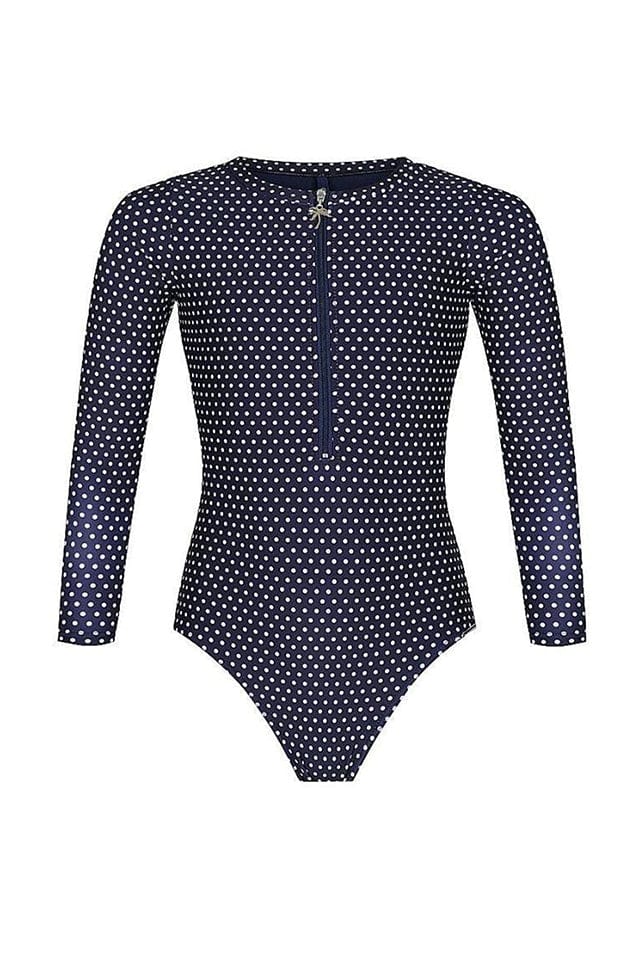 Ghost mannequin kids navy and white dots long sleeve one piece