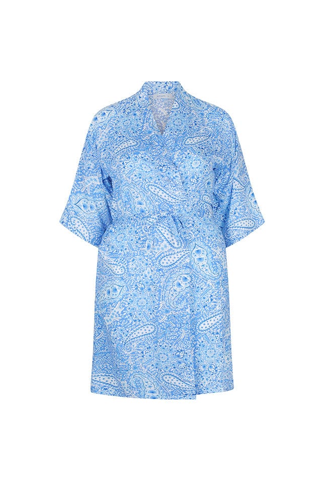 womens blue and white paisley robe on a ghost mannequin'