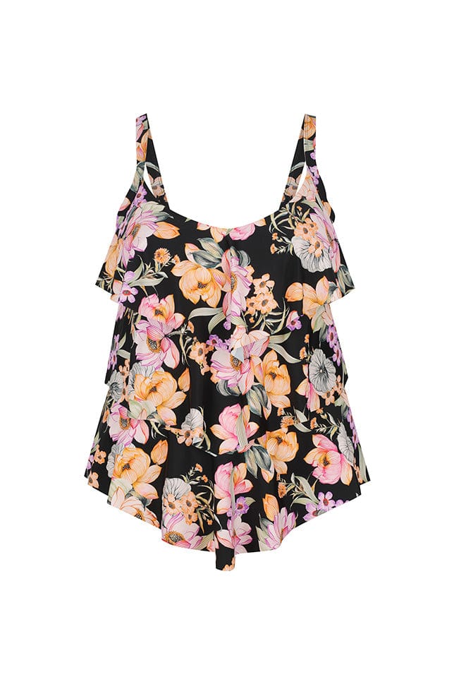 Ghost mannequin of orange and lilac floral 3 tier ruffle tankini top