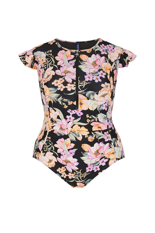 Ghost mannequin black and orange floral frill sleeve zip front one piece swimsuit