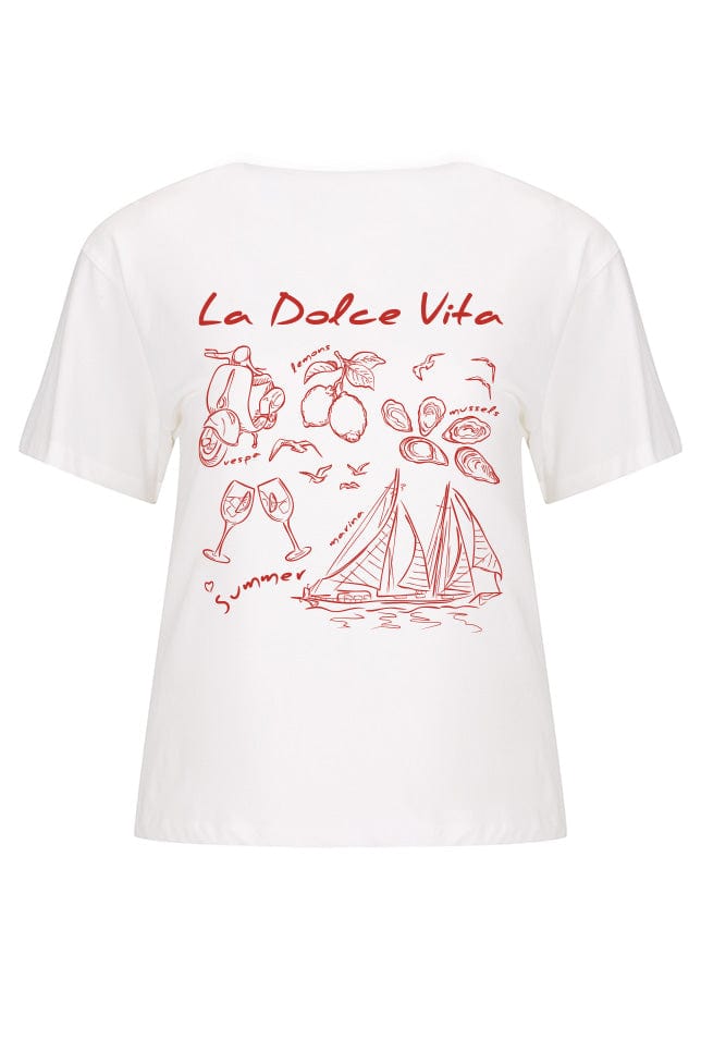 ghost mannequin white t shirt with red illustrations on the back