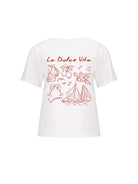 Ghost mannequin of white t shirt with red graphic illustrations on back