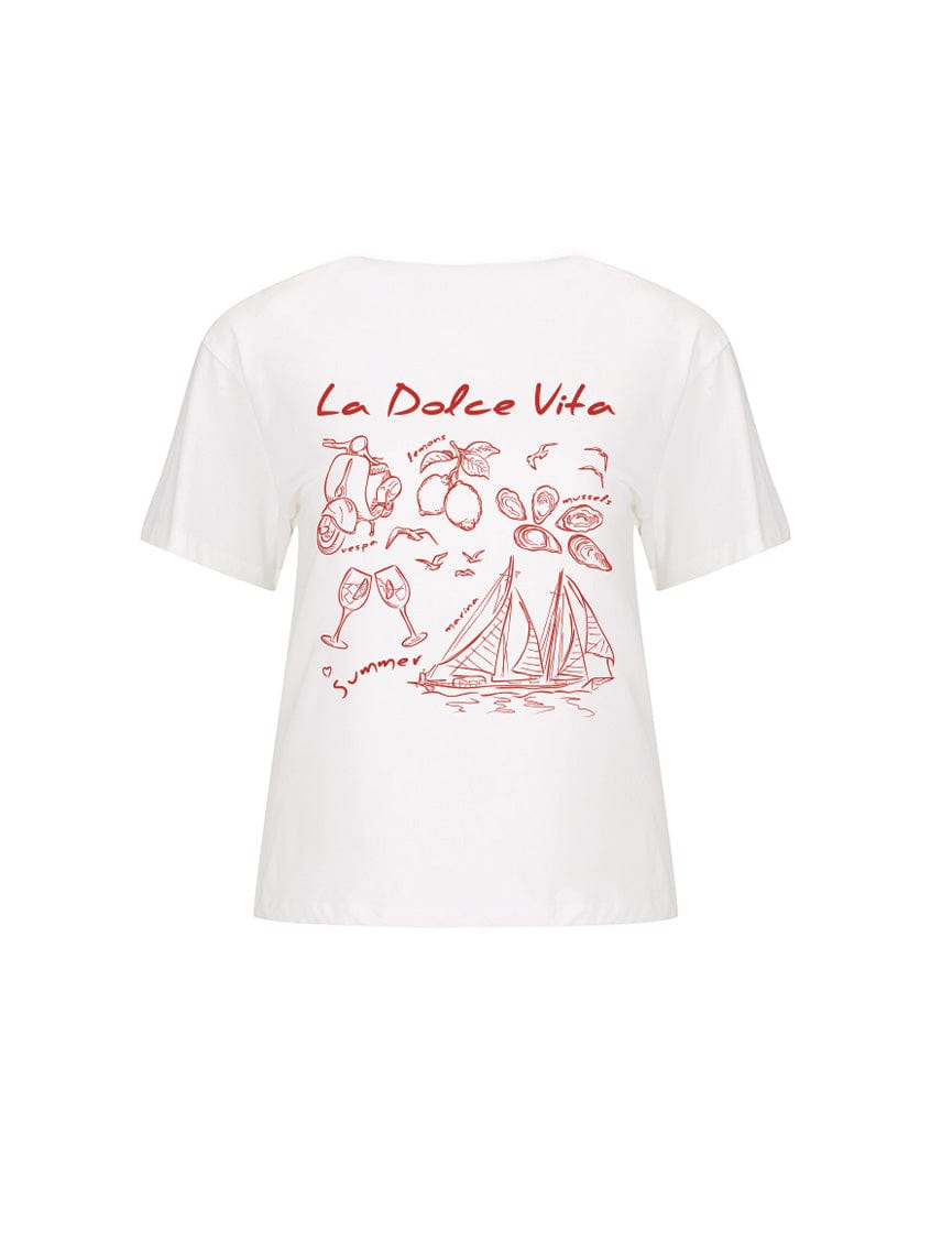 Ghost mannequin of white t shirt with red graphic illustrations on back