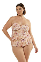 Brunette model wearing tiered tankini swim top