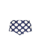 Ghost mannequin of womens high waisted swim pant in navy and white large polkadot