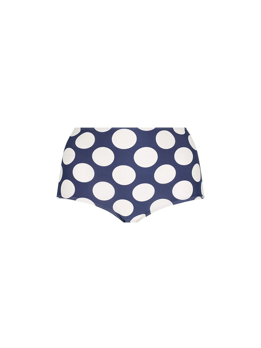 Ghost mannequin of womens high waisted swim pant in navy and white large polkadot
