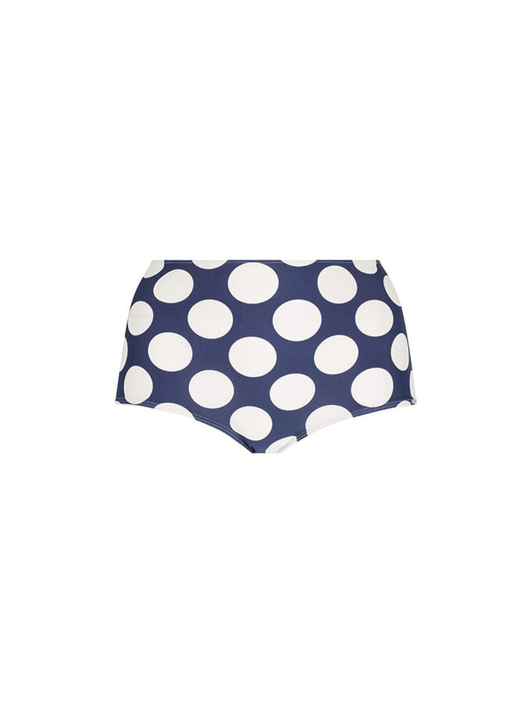 Ghost mannequin of womens high waisted swim pant in navy and white large polkadot