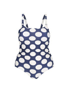 Ghost mannequin navy and white polkadot one piece swimsuit