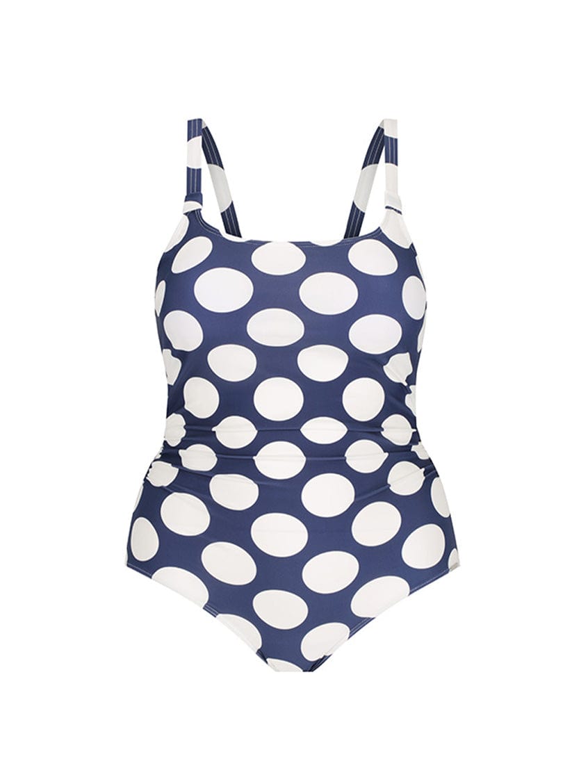 Ghost mannequin navy and white polkadot one piece swimsuit