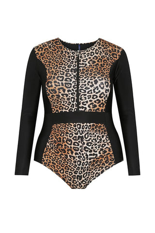 Leopard Zip Up Long Sleeve One Piece | Sustainable Swimwear