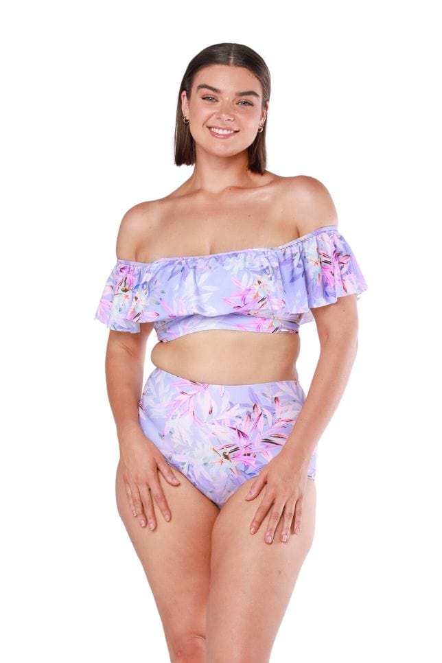 purple floral off the shoulder bikini top