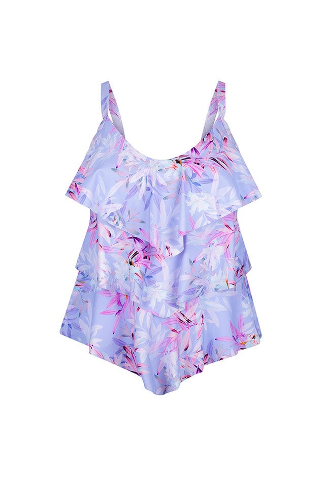 Ghost mannequin 3 tier lilac floral tankini top