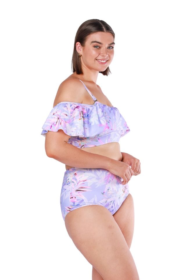 Brunette women wearing curvy lilac floral off the shoulder bikini top with ruffle and adjustable straps