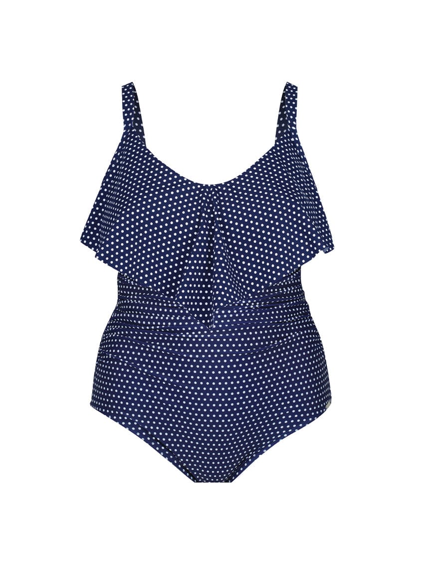 Navy blue swimsuit with white polka dots
