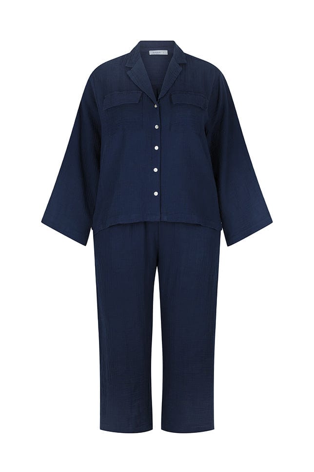 ghost mannequin of navy crepe long sleeve and long pant loungewear set