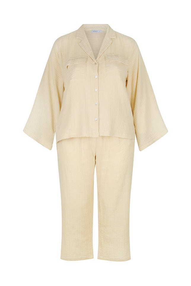 ghost mannequin of taupe coloured crepe cotton lounge wear set with long sleeves