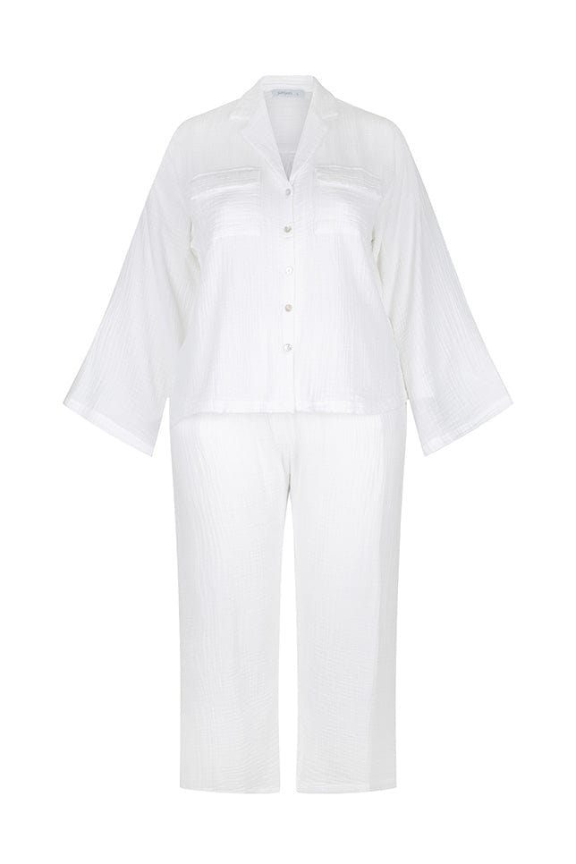 ghost mannequin of white long sleeve and long pant lounge wear set in cotton crepe fabric