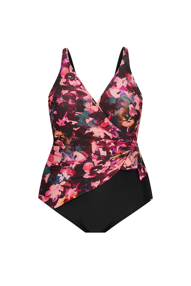 Ghost mannequin pink floral crossover one piece swimsuit