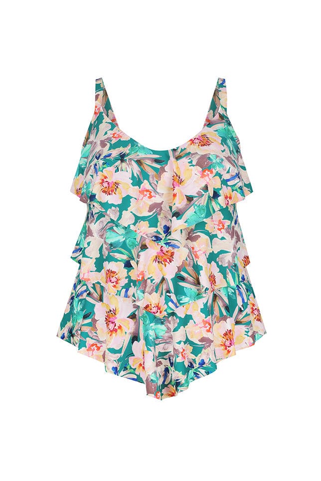 Ghost mannequin teal floral three tier frill tankini top