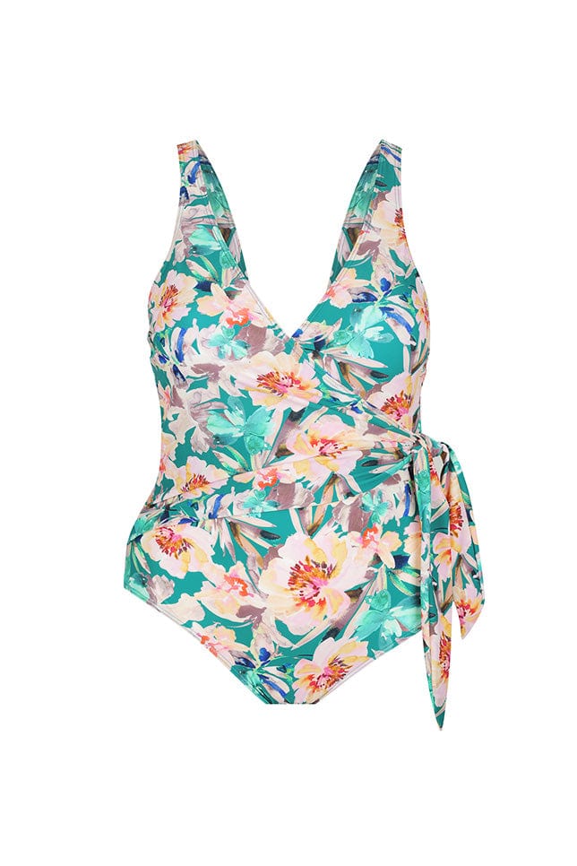 Ghost mannequin teal floral waist tie one piece swimsuit