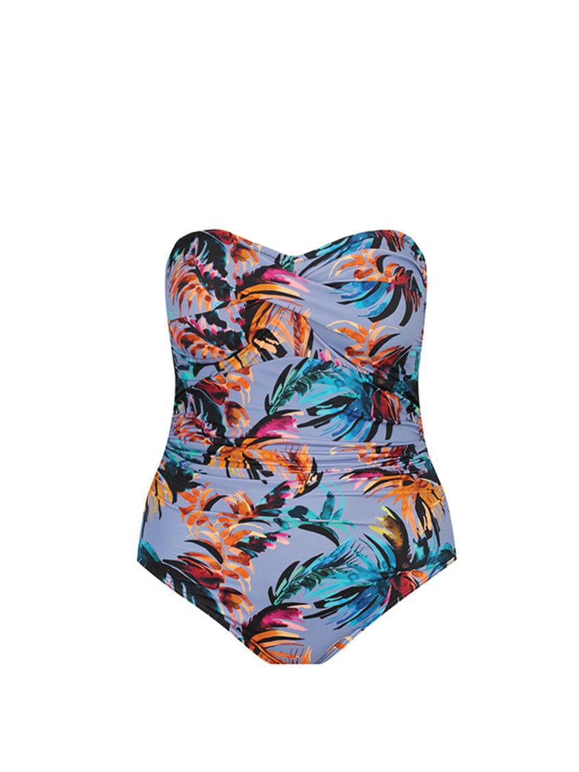 Ghost mannequin tropical print strapless one piece