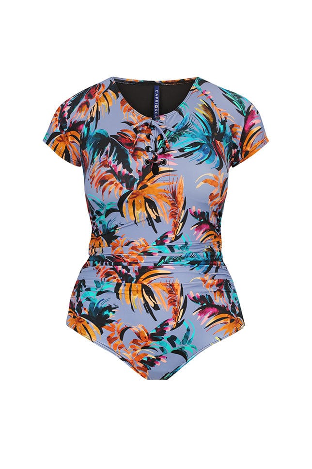 Ghost mannequin tropical print short sleeve one piece
