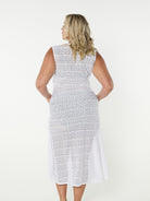 Model showing back of white mesh maxi dress