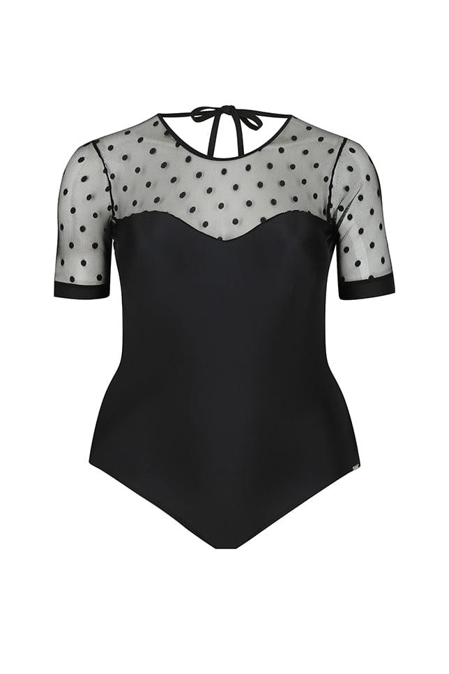 Ghost mannequin black mesh polka dot short sleeve one piece