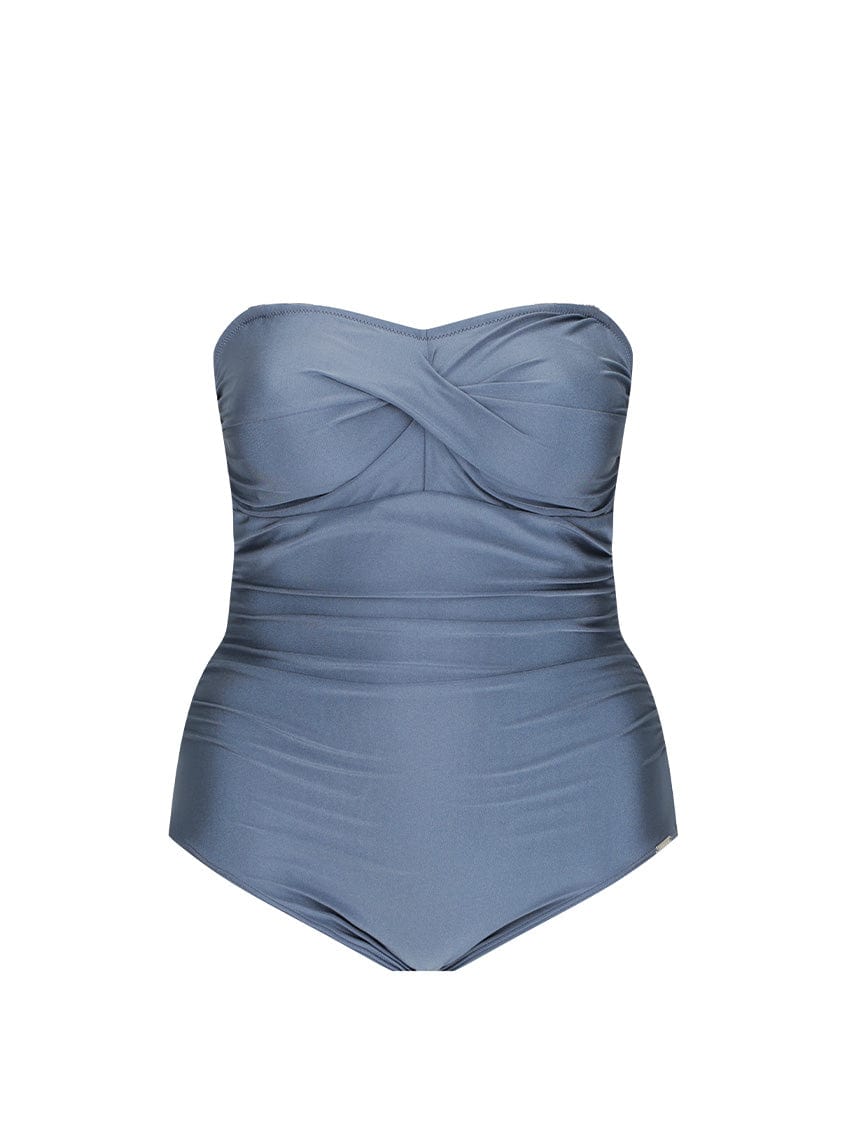 metallic grey strapless swimsuit
