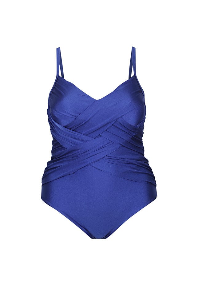 Ghost mannequin metallic blue criss cross one piece swimwear