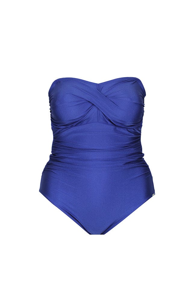 Ghost mannequin metallic blue strapless one piece swimsuit