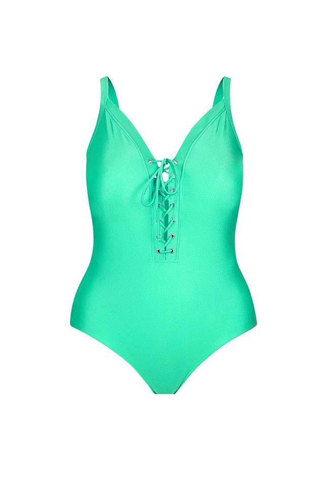 Plunge metallic green one piece bathing suit