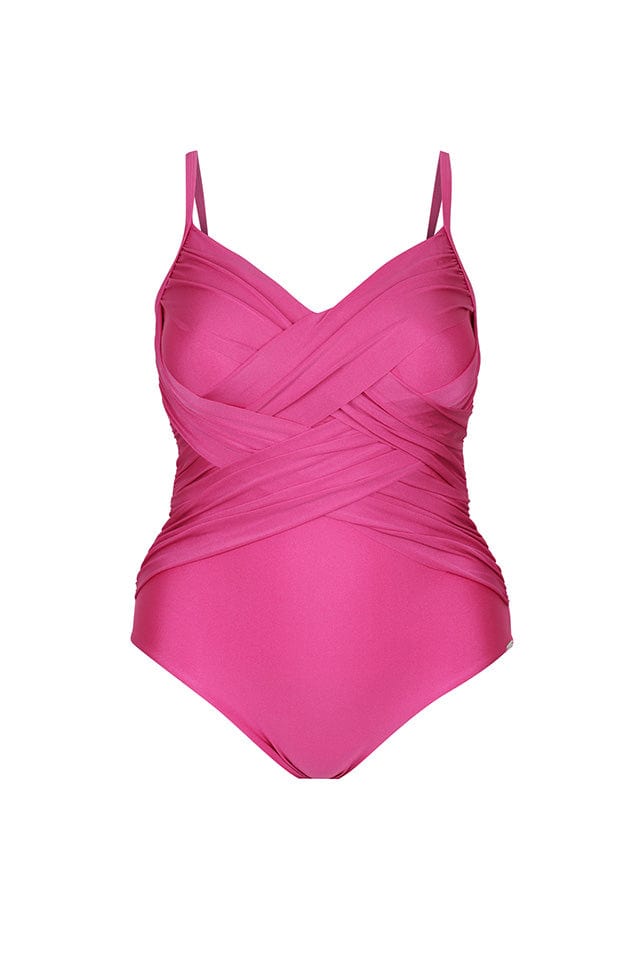 Ghost mannequin of metallic pink criss cross one piece swimsuit